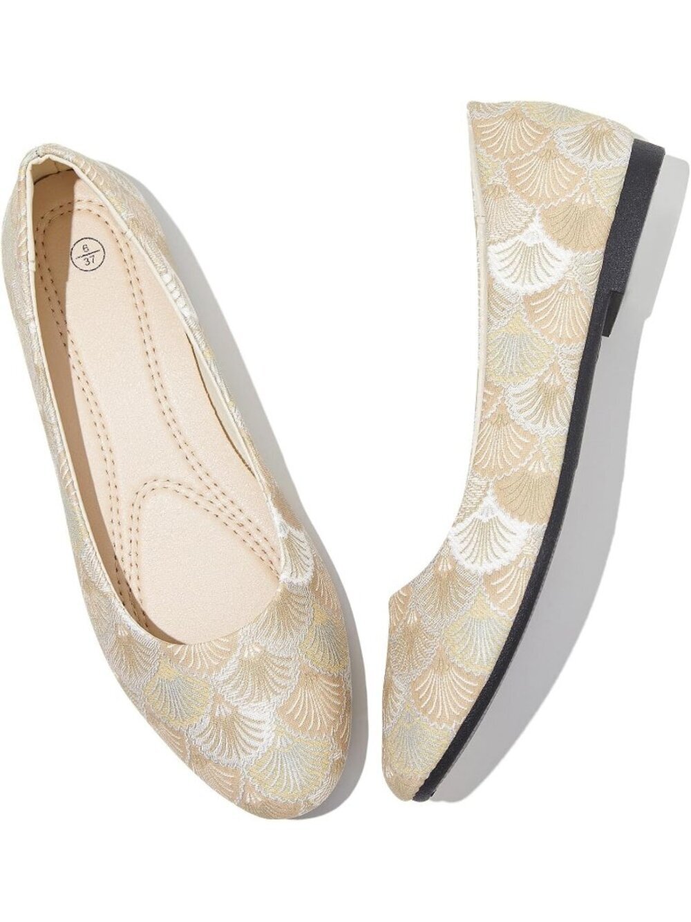 Women's Beige Pattern PU Leather Ballet Flat Slip on Casual Loafer Comfort Shoes